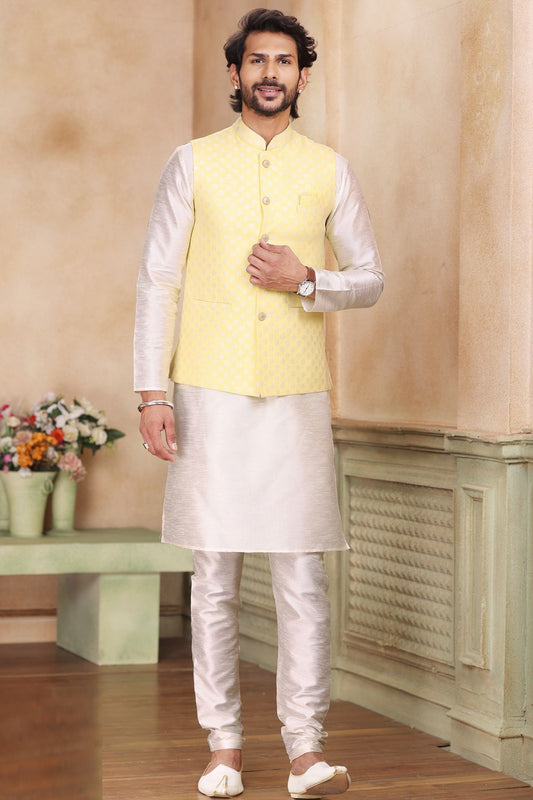 Yellow Jaquard Banarasi Silk Nehru Jacket (NMK-7459) - Nihal Fashions