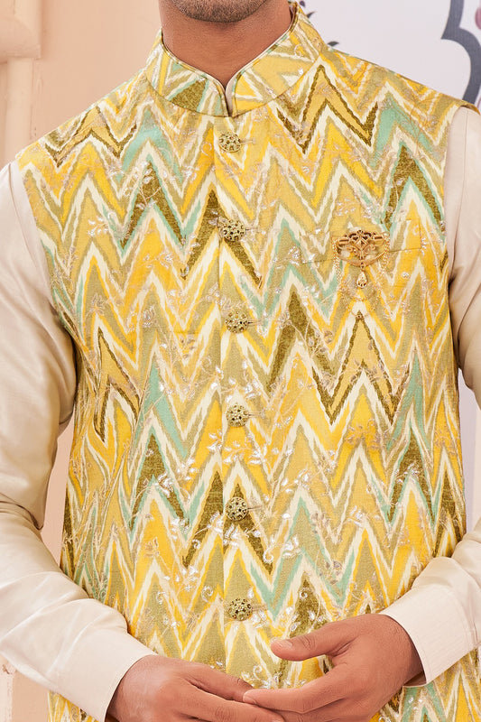 Yellow Jaquard Semi Silk Brocade Nehru Jacket (NMK-8040) - Nihal Fashions