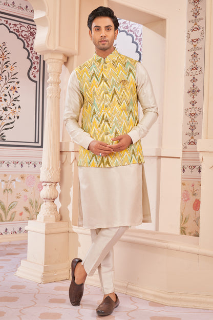 Yellow Jaquard Semi Silk Brocade Nehru Jacket (NMK-8040) - Nihal Fashions