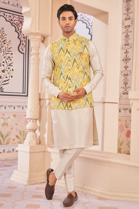 Yellow Jaquard Semi Silk Brocade Nehru Jacket (NMK-8040) - Nihal Fashions