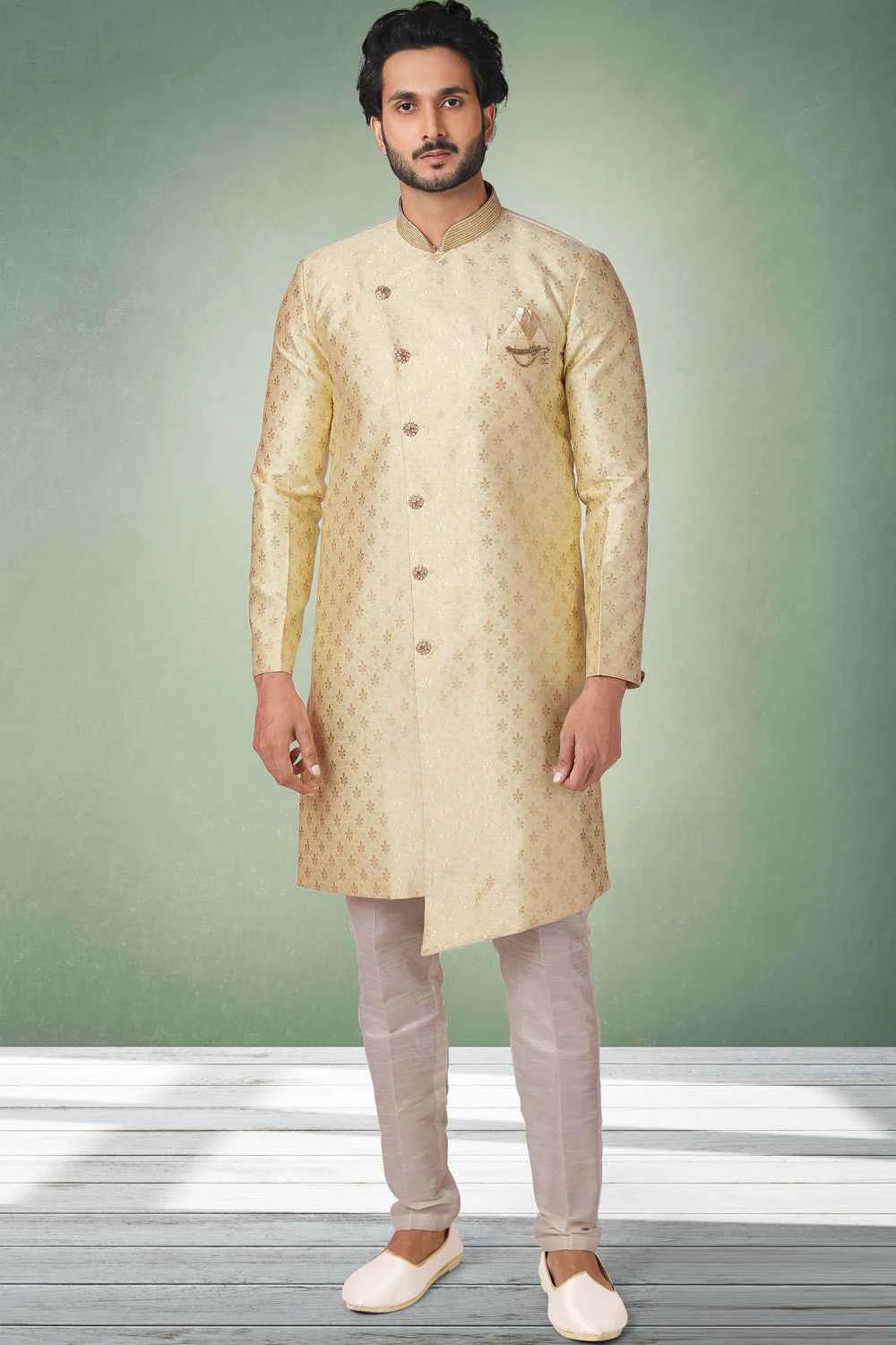 Yellow Jaquard Silk Brocade Indo Western (NMK-5340)