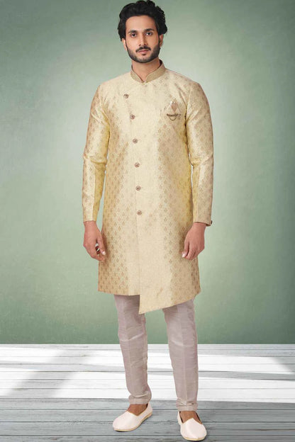 Yellow Jaquard Silk Brocade Indo Western (NMK-5340)