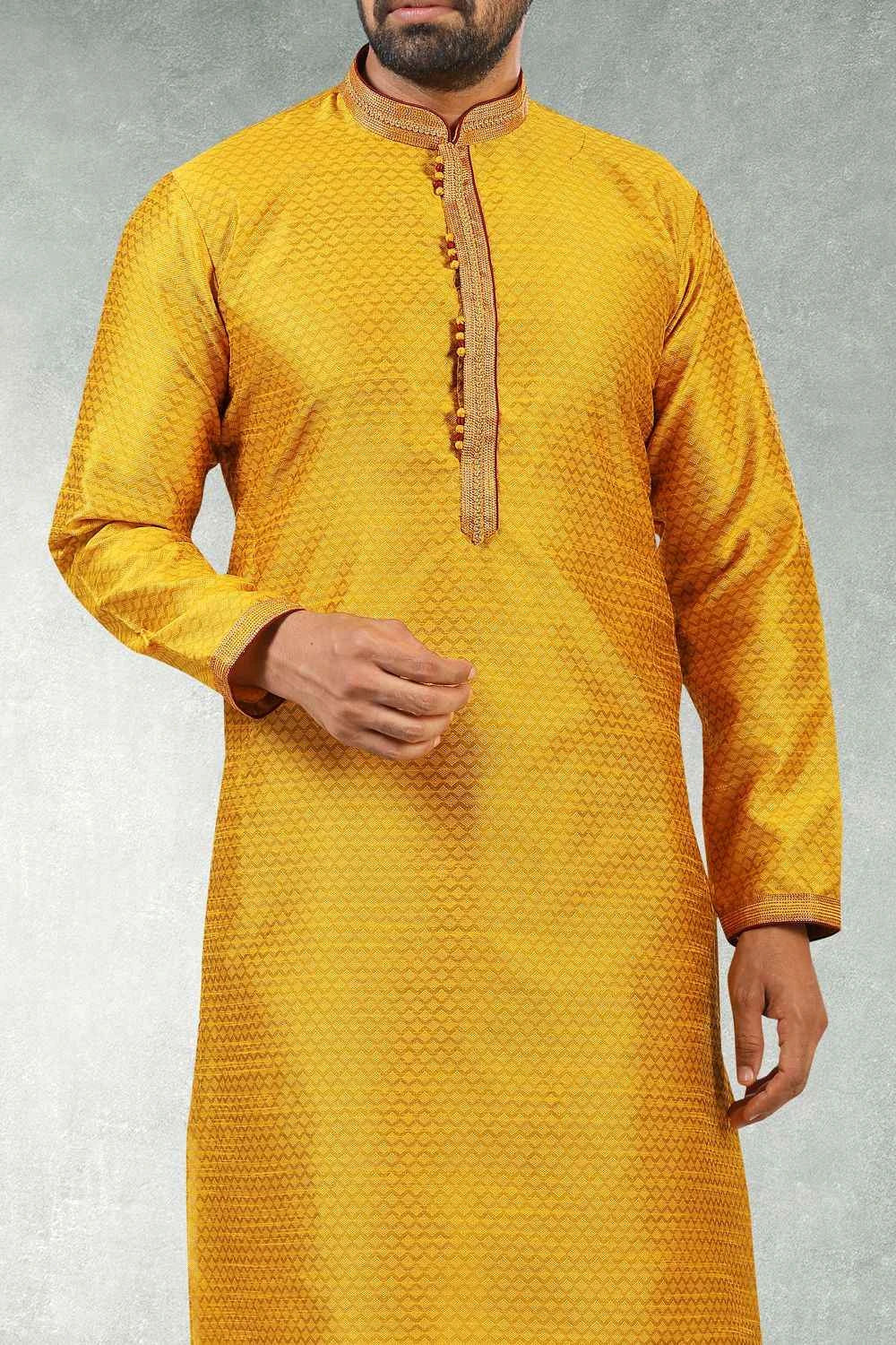 Yellow Jaquard Silk Brocade Mens  Kurta Pajama (NMK-5174)