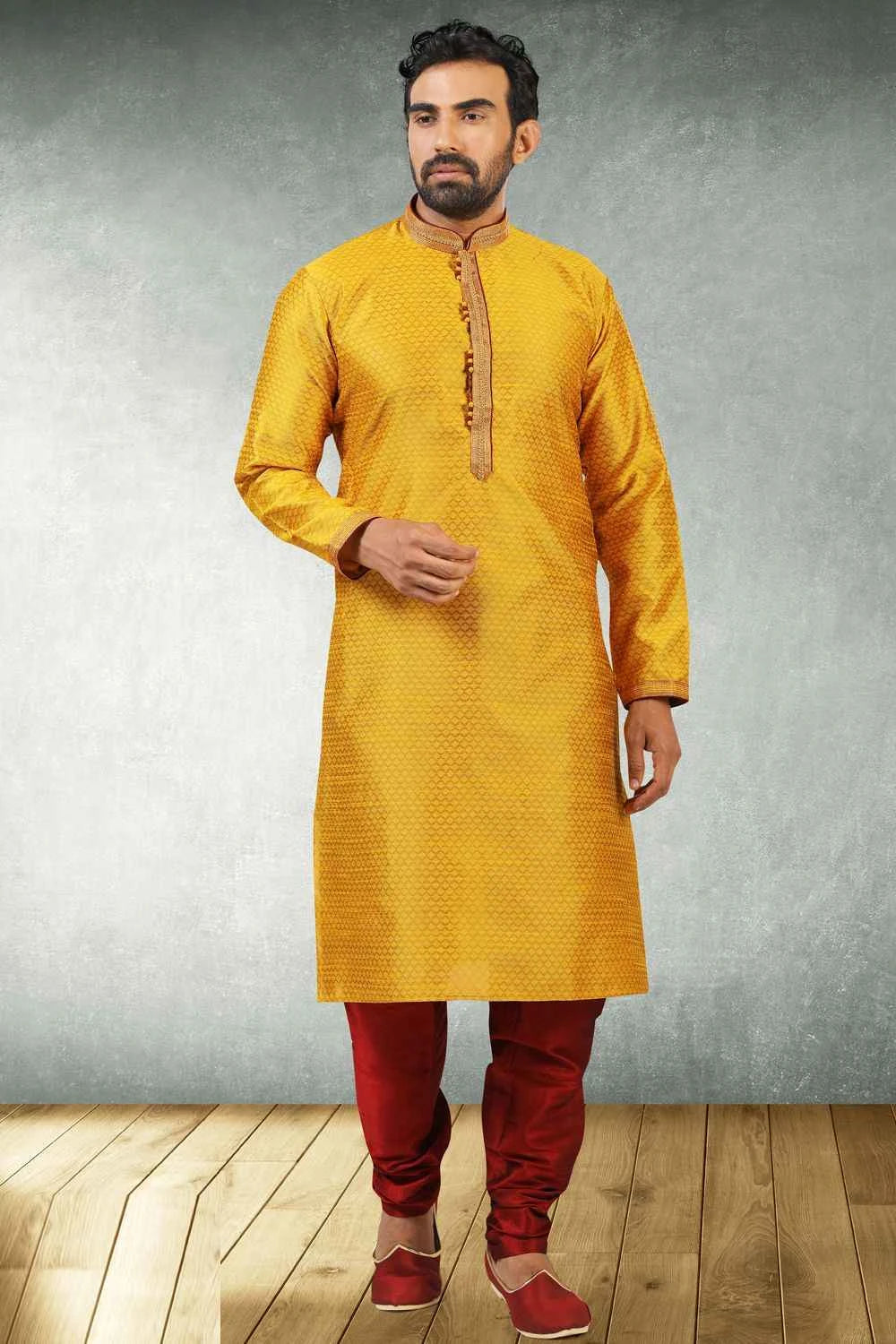 Yellow Jaquard Silk Brocade Mens  Kurta Pajama (NMK-5174)