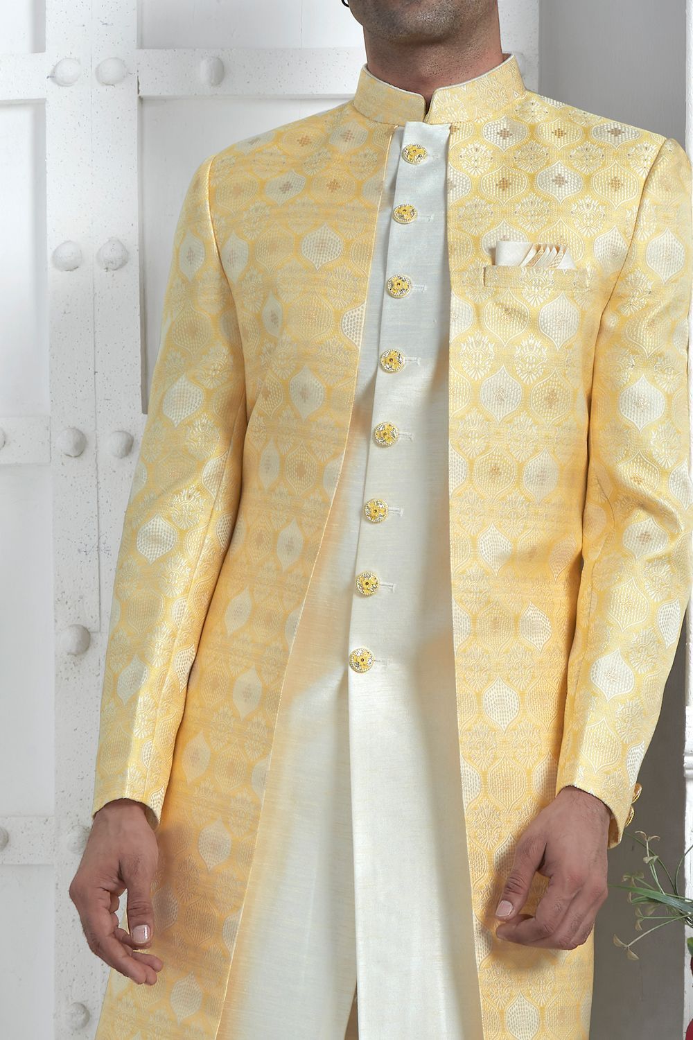 Yellow Jaquard Silk Indo Western (NMK-7173) - Nihal Fashions