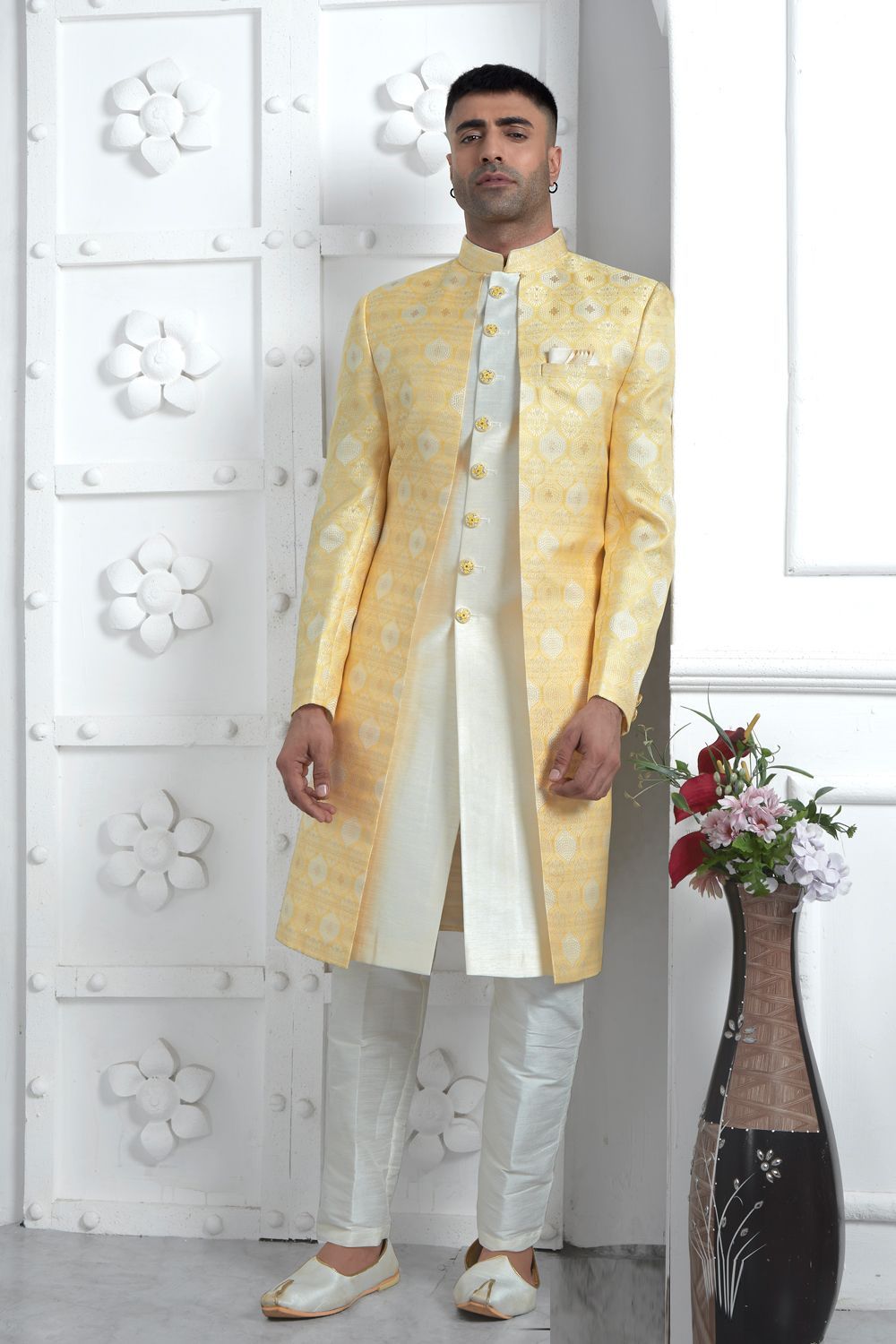 Yellow Jaquard Silk Indo Western (NMK-7173) - Nihal Fashions