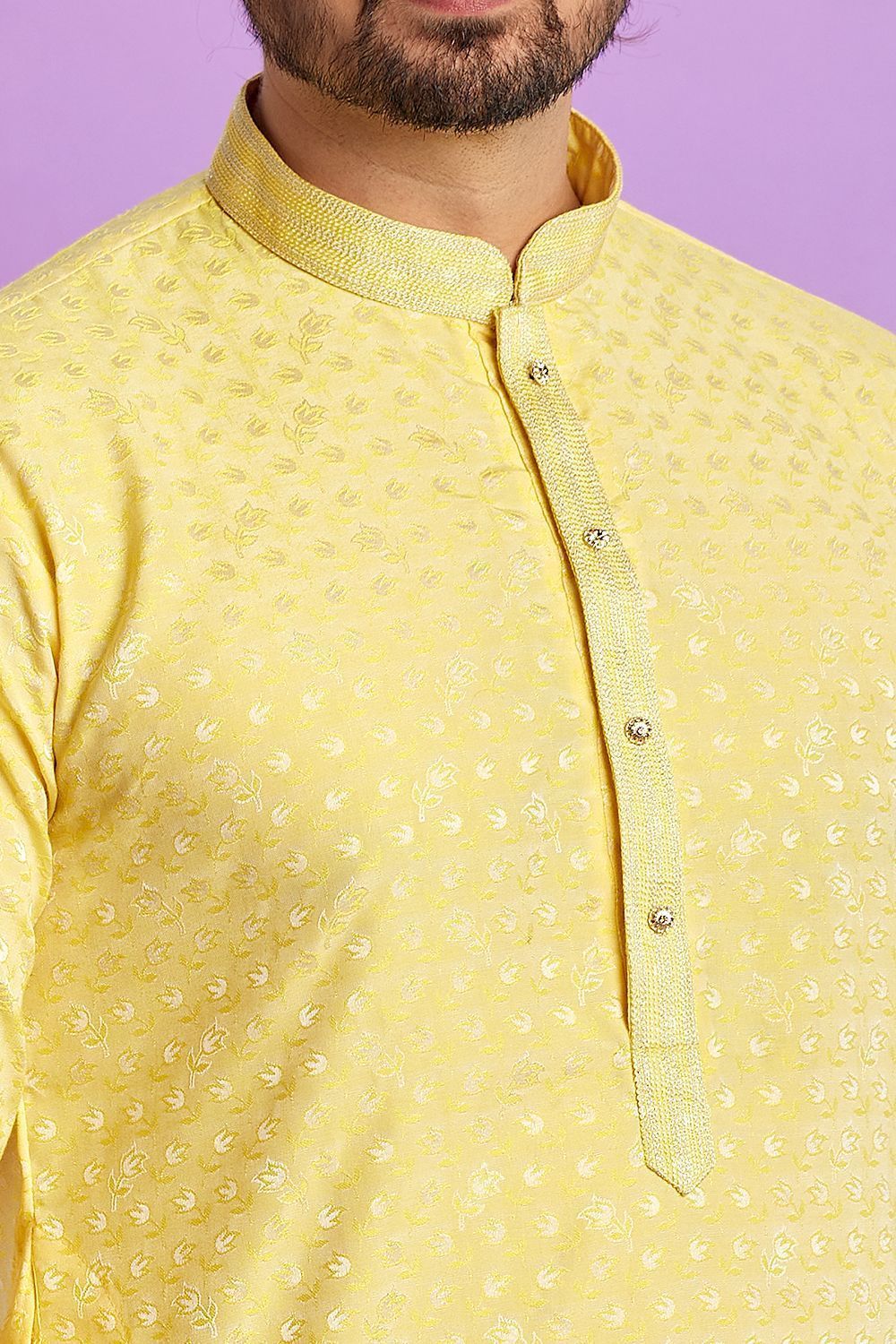 Yellow Jaquard Silk Kurta Pajama (NMK-7566) - Nihal Fashions