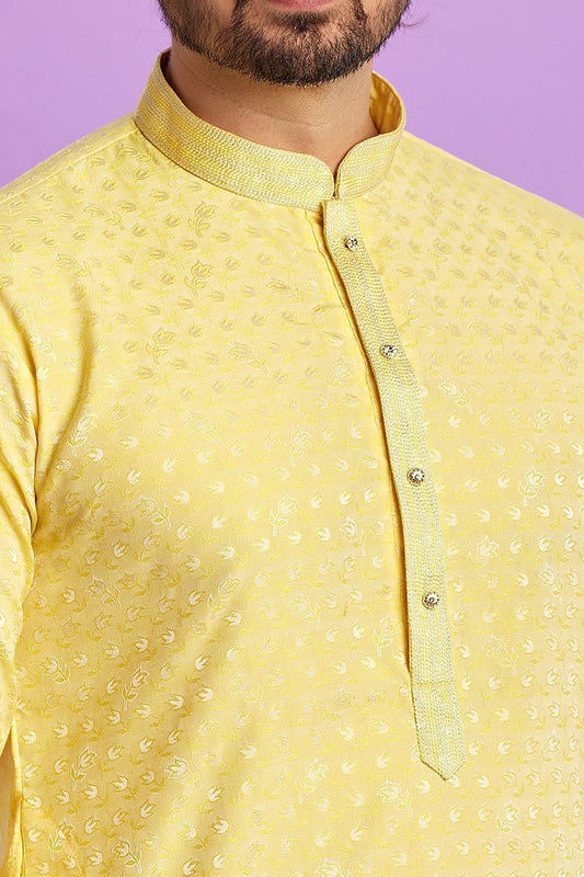 Yellow Jaquard Silk Kurta Pajama (NMK-7566) - Nihal Fashions