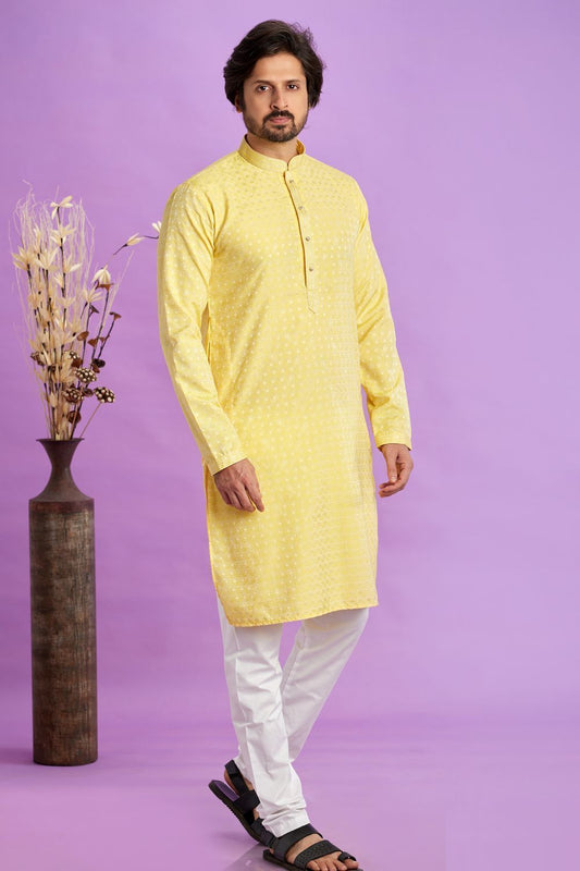 Yellow Jaquard Silk Kurta Pajama (NMK-7566) - Nihal Fashions