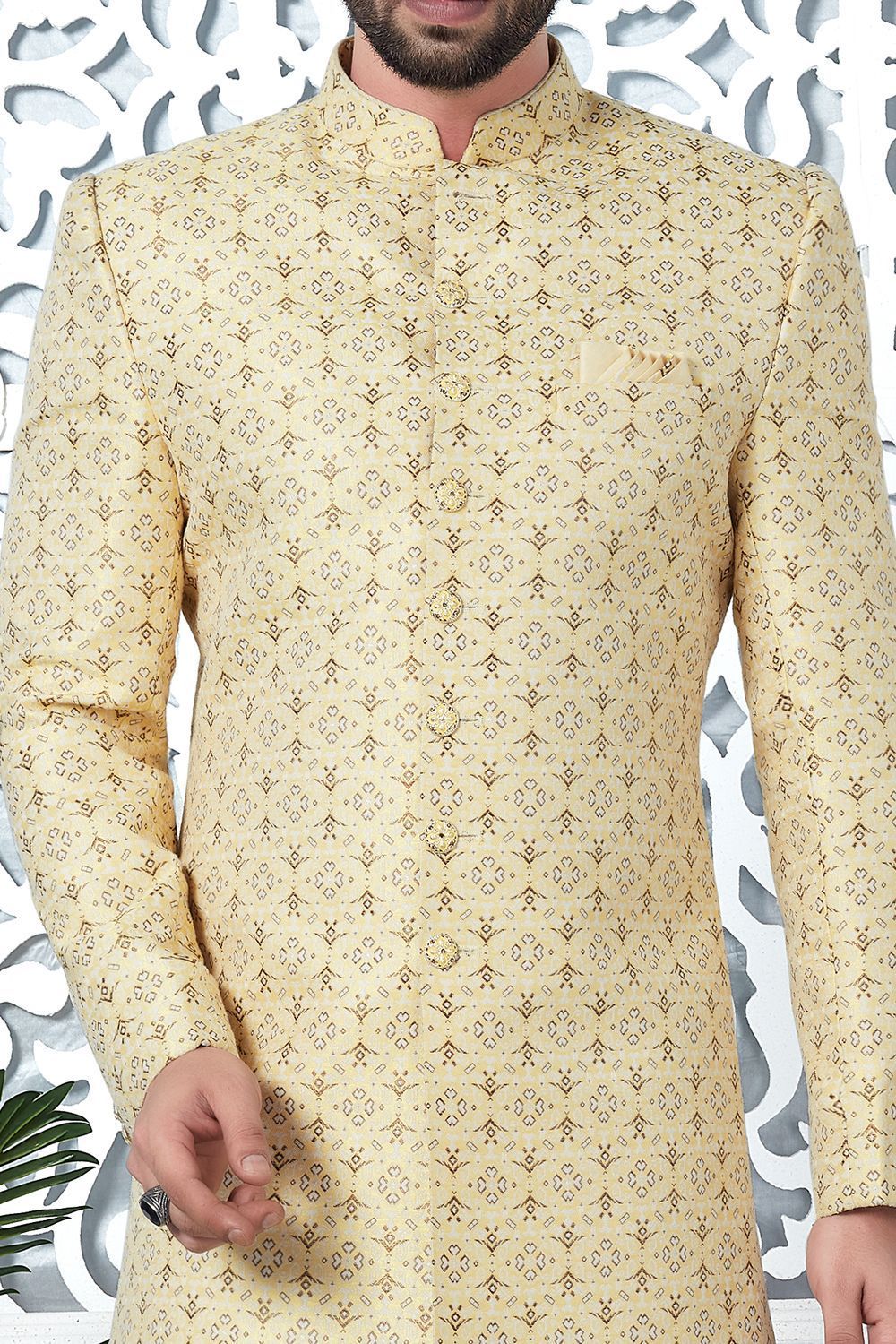 Yellow Jaquard Silk Mens Indo Western (NMK-7188) - Nihal Fashions