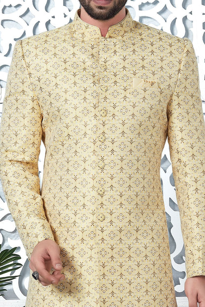 Yellow Jaquard Silk Mens Indo Western (NMK-7188) - Nihal Fashions