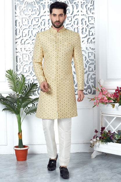 Yellow Jaquard Silk Mens Indo Western (NMK-7188) - Nihal Fashions
