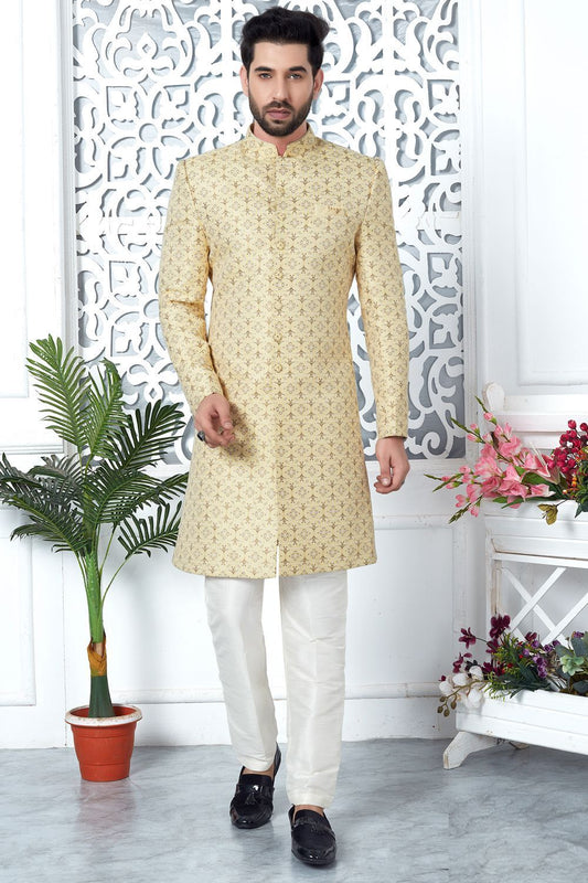 Yellow Jaquard Silk Mens Indo Western (NMK-7188) - Nihal Fashions