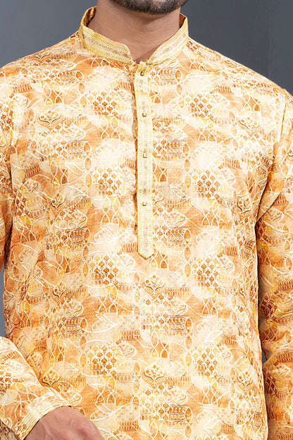 Yellow Printed Cotton Silk Kurta Pajama (NMK-8764) - Nihal Fashions