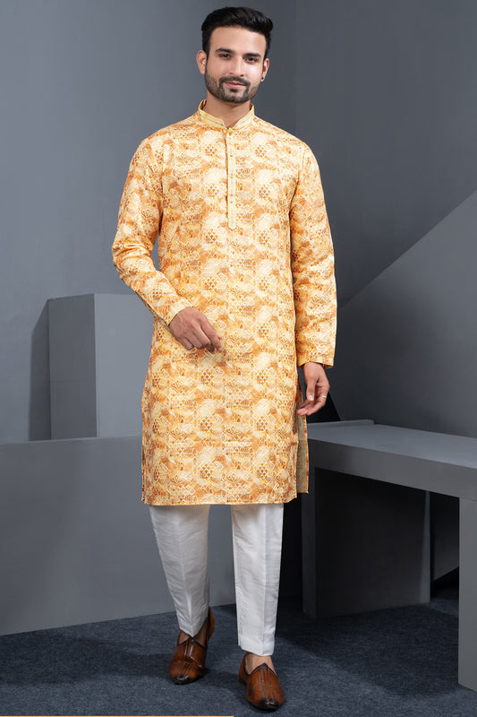 Yellow Printed Cotton Silk Kurta Pajama (NMK-8764) - Nihal Fashions