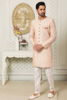 Art Embroidered Silk Orange Indo Western for Men (NMK-6502)