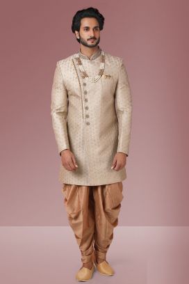 Beige Embroidered Banarasi Silk Sherwani (NMK-5527)