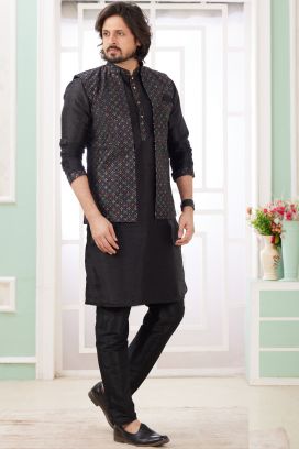 Black Art Banarasi Silk Jacket Style Kurta (NMK-8568)