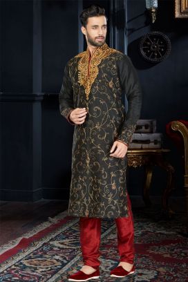 Black Art Dupion Kurta Pajama (NMK-3406)