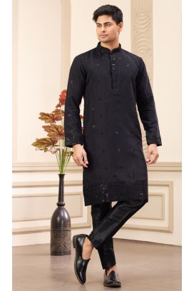 Black Art Silk Mens Kurta Pajama (NMK-8372)