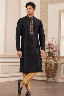 Black Banarasi Art Silk Mens Kurta Pajama (NMK-8477)