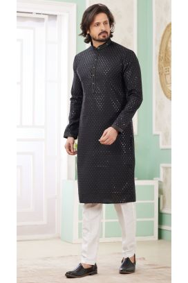 Black Embroidered Art Silk Kurta Pajama (NMK-8366)