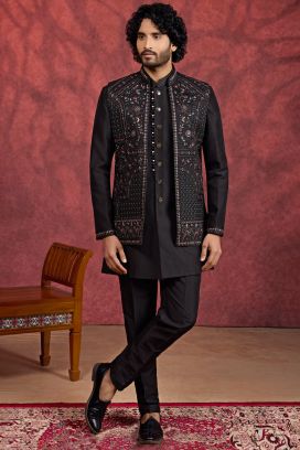 Black Silk 3 piece Long Jacket Indo Western (NMK-8692)