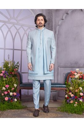 Blue Art Silk 3 Pcs Jacket Set (NMK-8325)