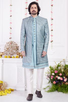 Blue Art Silk 3 piece Mens Jacket Set (NMK-8406)