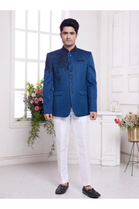Blue Imported Jaquard Silk Mens Jodhpuri (NMK-8345)