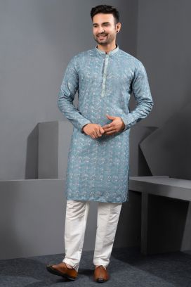 Blue Printed Cotton Silk Kurta Pajama (NMK-8711)