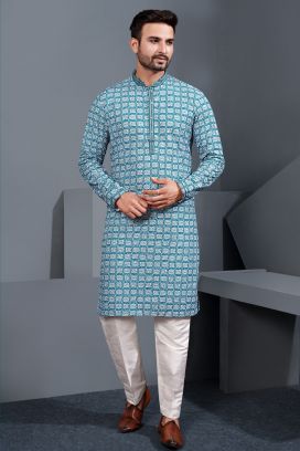 Blue Printed Cotton Silk Kurta Pajama (NMK-8772)