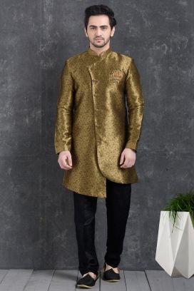 Brown Jaquard Silk Brocade Indo Western Kurta (NMK-5019)