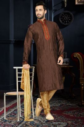 Coffee Brown Art Dupion Men's Kurta Pajama (NMK-3403)