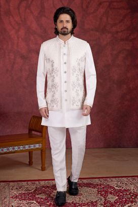 Cream Art Banarasi Silk Mens Long Jacket Indo Western (NMK-8690)