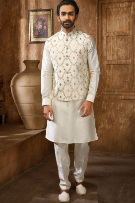 Cream Art Banarasi Silk Mens Nehru Jacket (NMK-6371)
