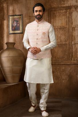 Cream Art Banarasi Silk Nehru Jacket (NMK-6369)