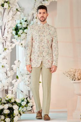 Cream Art Embroidered Velvet Bandhgala (NMK-8543)