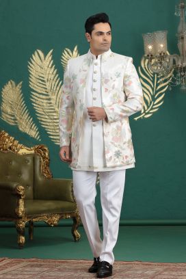 Cream Art Silk Mens 3 piece Indo Western (NMK-8643)