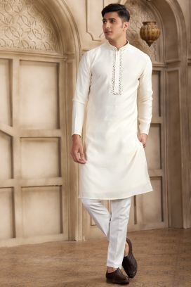 Cream Banarasi Art Silk Kurta Pajama (NMK-8478)