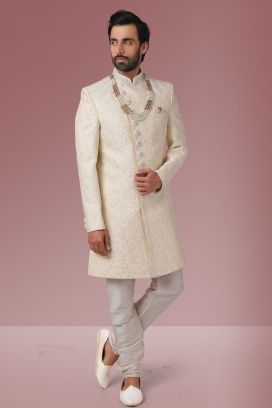 Cream Embroidered Banarasi Silk Mens Sherwani (NMK-5523)