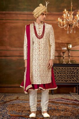 Cream Embroidered Silk Sherwani (NMK-6382)