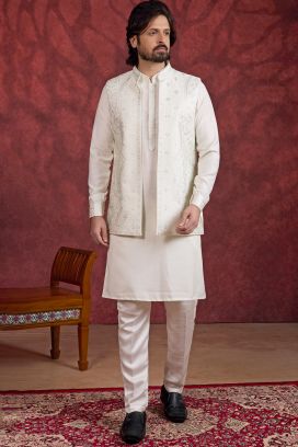 Cream Silk 3 piece Long Kurta Jacket (NMK-8693)