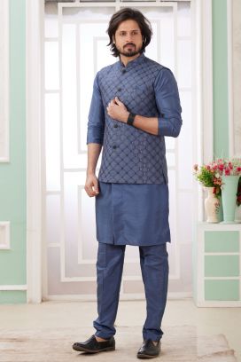 Dark Grey Art Banarasi Silk Jacket Style Kurta (NMK-8566)