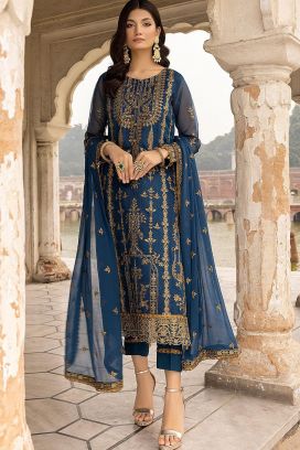 Embroidered Faux Georgette Blue Salwar Suit (NWS-6904)