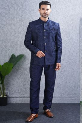 Embroidered Navy Blue Tussar Silk Jodhpuri (NMK-8463)