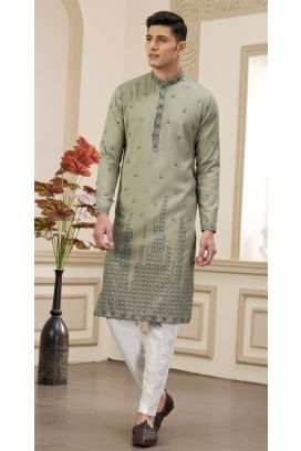 Green Art Silk Mens Kurta Pajama (NMK-8384)