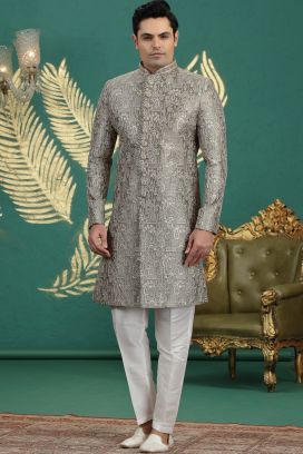 Green Art Silk Wedding Sherwani (NMK-8621)