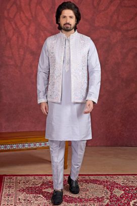 Grey Art Banarasi Silk 3 piece Long Kurta Jacket (NMK-8696)