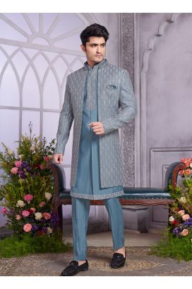 Grey Art Silk 3 Pcs Jacket Set (NMK-8327)